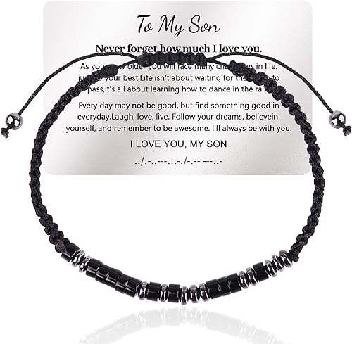 Pulsera de código morse "Te quiero" con tarjeta de billetera grabada, regalos para hijo/nieto, pulsera de cuentas hecha a mano, regalos de Navidad