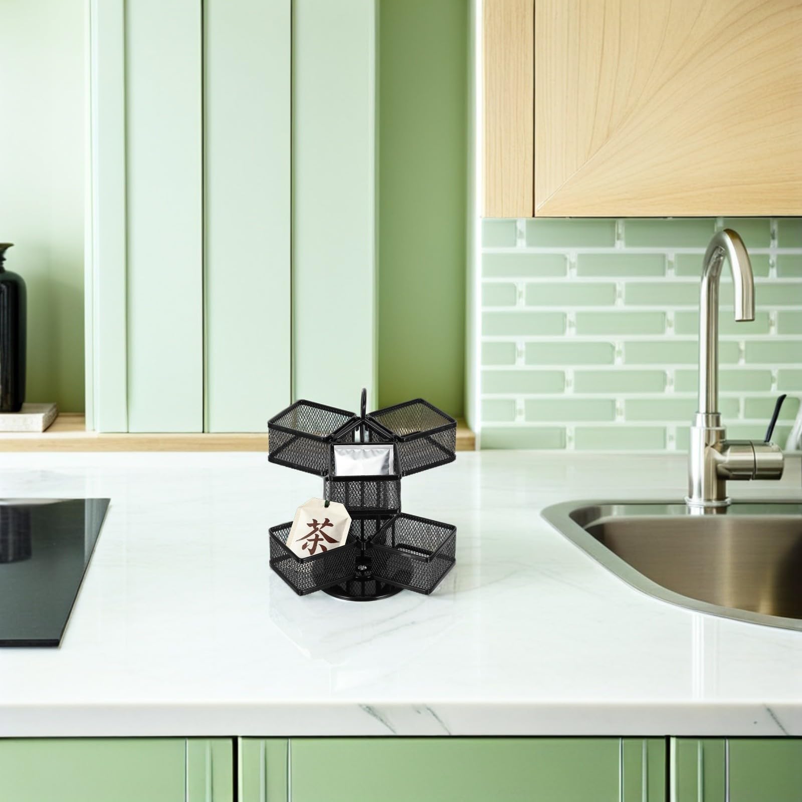 Soporte Metálico Giratorio para Bolsitas de Té 6 Compartimentos Extraíbles, Organizador para Encimera y Oficina, Almacenamiento para 72 Unidades