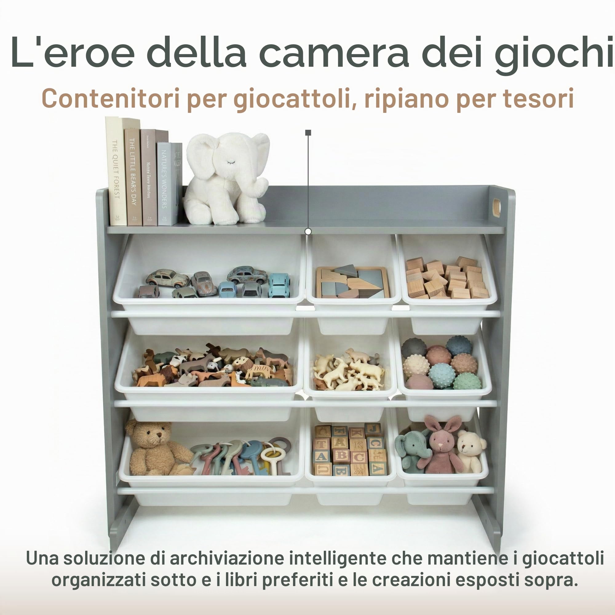 Humble Crew Scaffale Bambini Elegante: Organizer Giocattoli con 9 Contenitori, Design Grigio/Bianco Moderno, Perfetto per Camerette Chich e Ordinata
