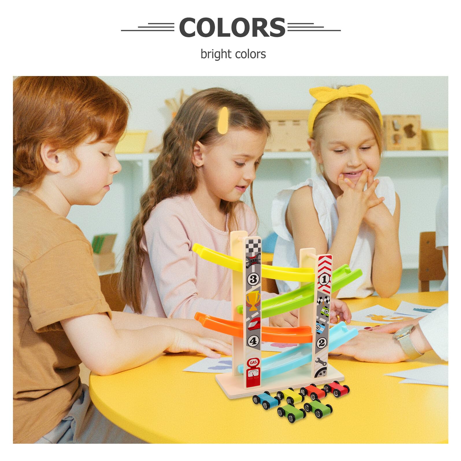 Giocattolo Auto Pista Scivolante Set 1 in Legno per Ragazzo Ragazza | Coordinazione Occhio-mano, Riconoscimento Colori, Angoli Arrotondati e Motivo Cartoon