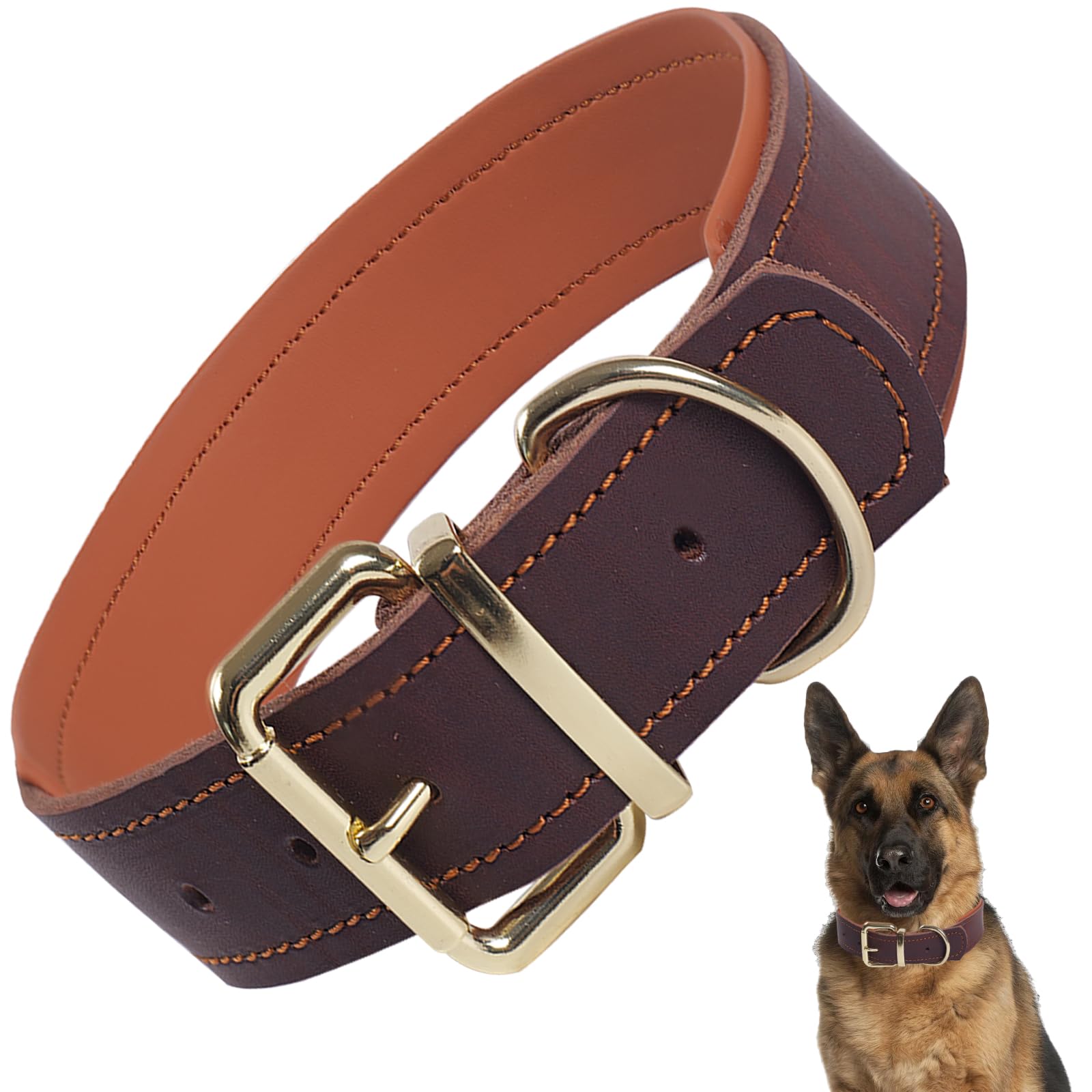 Genuine Padded Leather Dog Collar, Strong Genuine Soft Comfort Fit for Medium Large and Extra Large Breeds–Adjustable and Stylish for Daily Use/Walks（Brown XL）