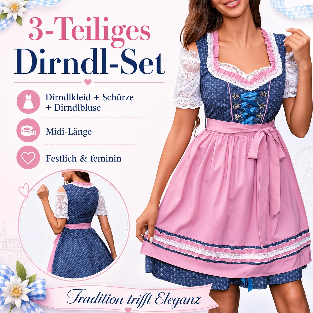 Didadihu Dirndlkleid 2 Teilig Damen Dirndl Midi Trachtenkleid Mit Schürze Oktoberfest Trachten Outfit Damen Dirndl Kleid Trachtenmode