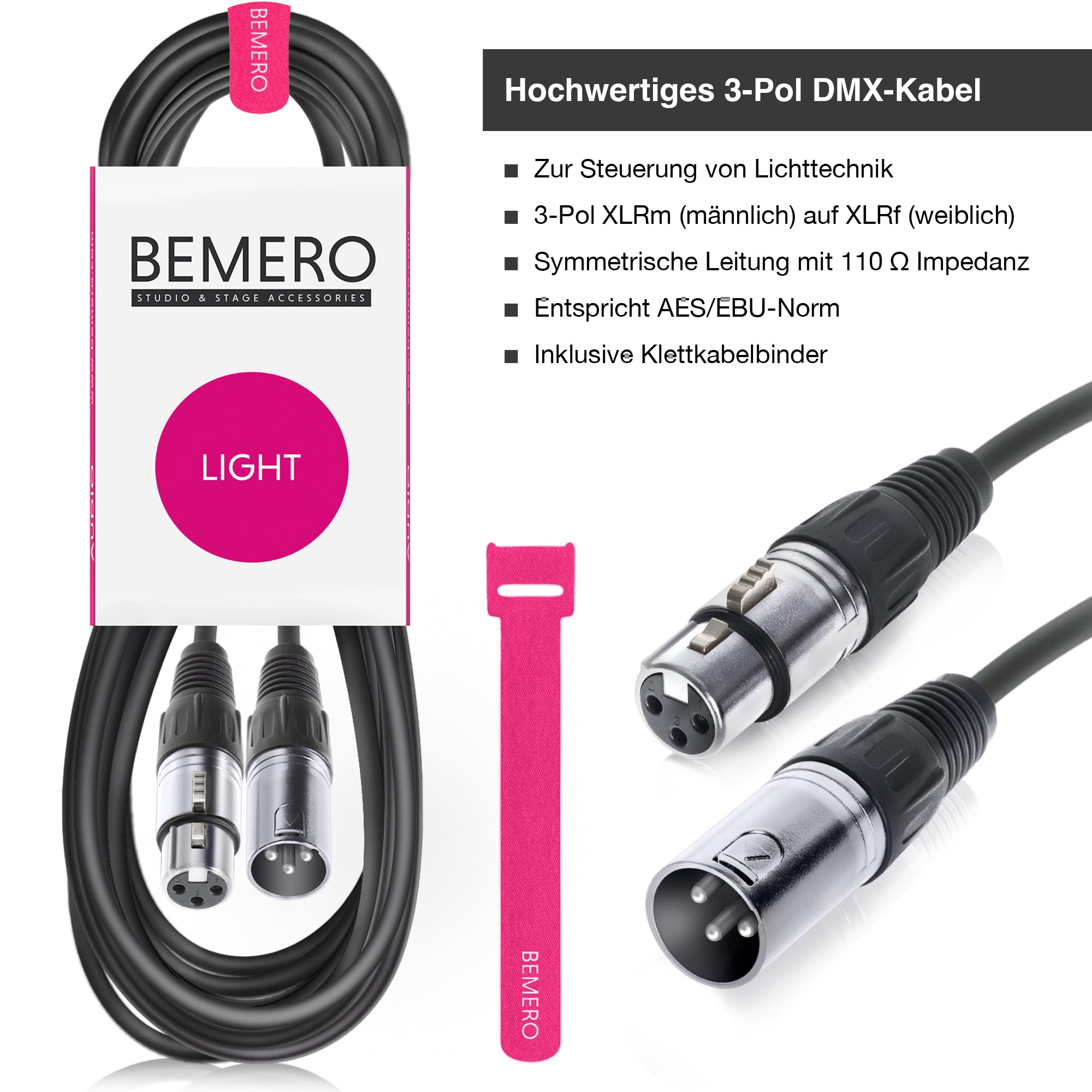 BEMERO DMX Kabel 12m inkl. Klettkabelbinder, 3-Pin XLRf auf XLRm, 110 Ohm, schwarz
