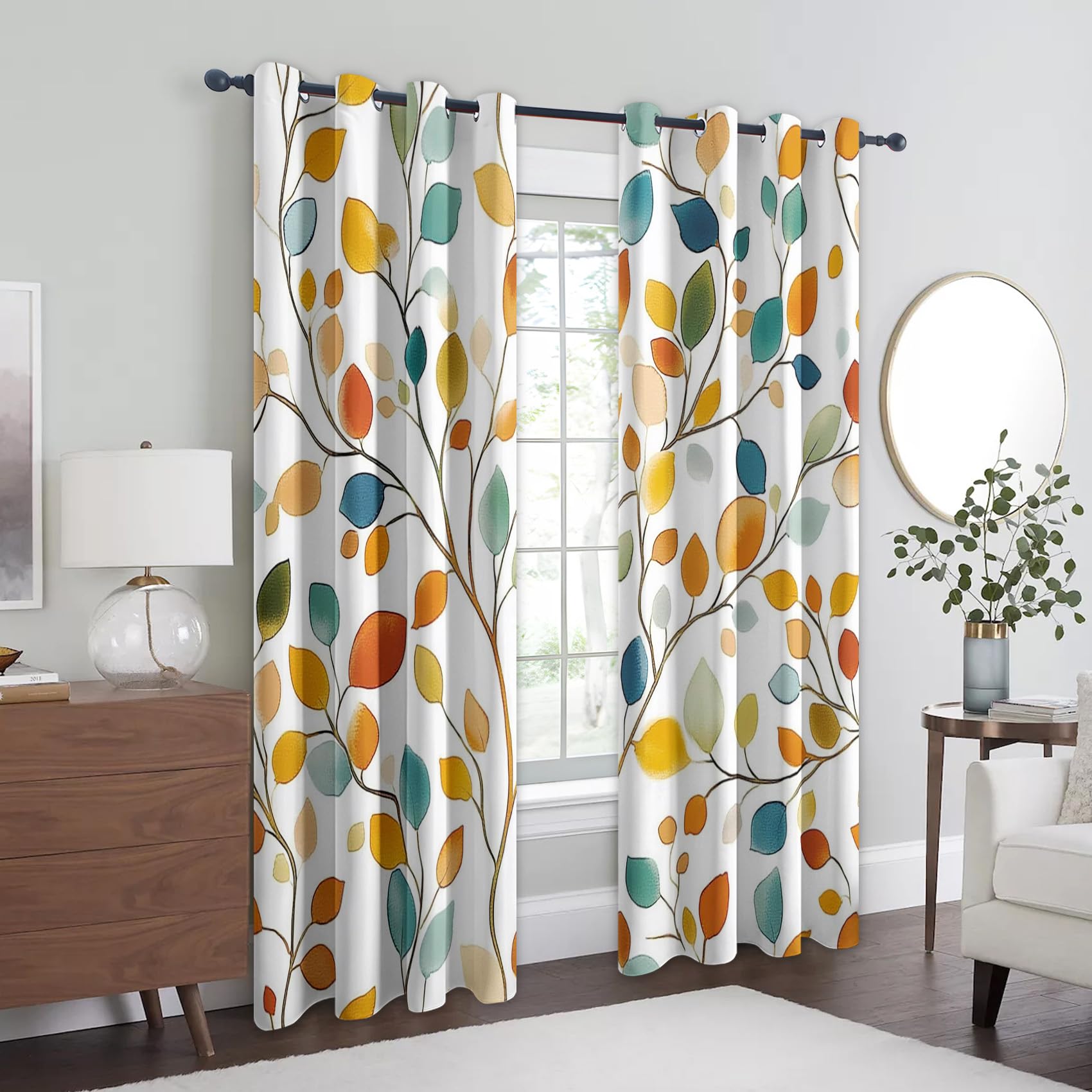 Bunte Blätter Vorhänge, Verdunklungsvorhänge mit Muster Botanisch, Vorhang Blickdicht mit Ösen, Gardinen für Wohnzimmer Schlafzimmer Deko 2er Set - 160x132 (H X B)
