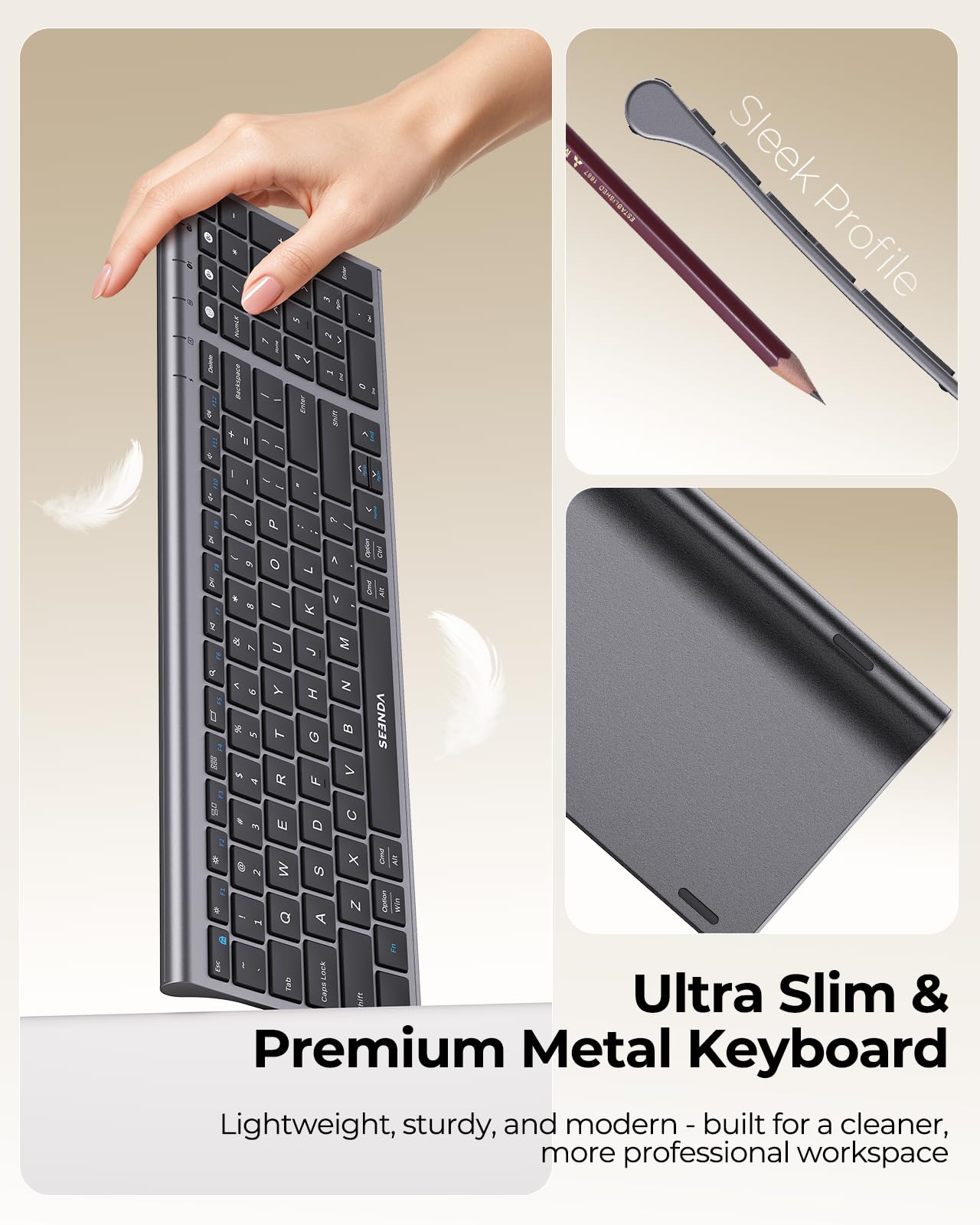 seenda COE401 Multidevice Bluetooth Tastiera e Mouse Set Nero Grigio | Tastiera wireless ricaricabile e mouse Combo Compact con tastierino numerico per Windows macOS iPad Tablet, layout QWERTY UK