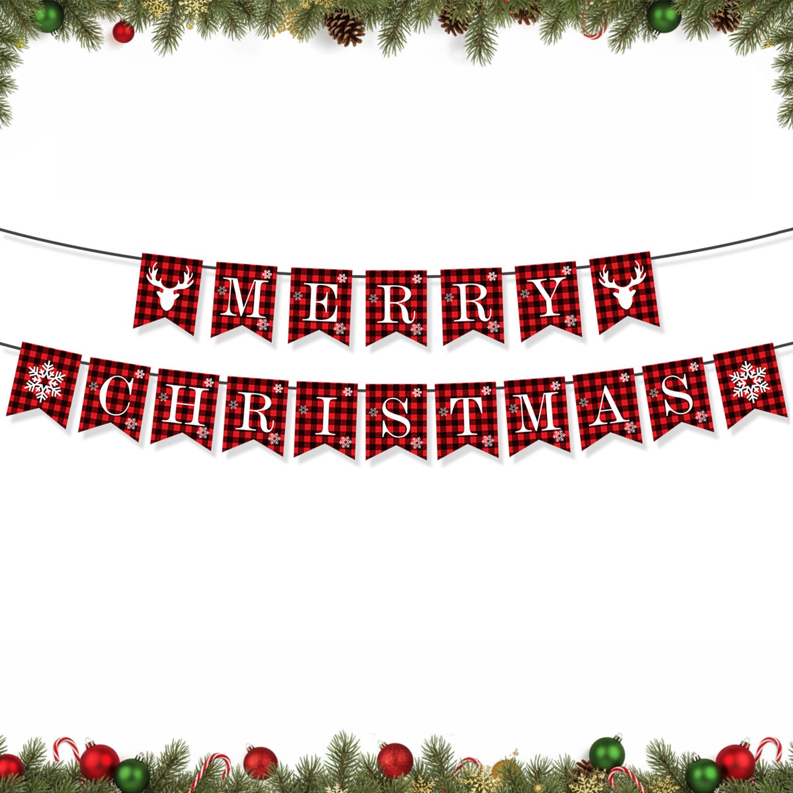 Christmas Bunting Merry Christmas Banner Red Checkered Banner Christma Ceiling Decorations Christma Wall Decorations Indoor Party Decoration Supplies Hanging Decoration 2PCS