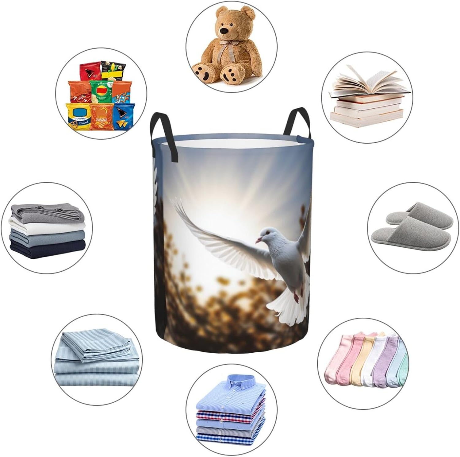 White dove flying in the sun Laundry Basket With Handles, Foldable Laundry Hamper Oxford Cloth Dirty Clothes Basket Waterproof Clothes Toys Storage Bin Organizer for Bedroom Bathroom Dorm