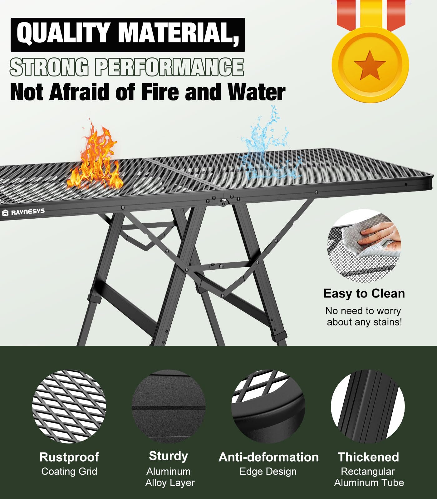 Raynesys Klappbarer Grilltisch mit Mesh-Tischplatte, Höhenverstellbarer Faltbarer Campingtisch aus Metall, Tragbarer Grillwagen für Outdoor, Camping, BBQ, Picknick, Strand, Wohnmobil, 47,24" x 23,62"