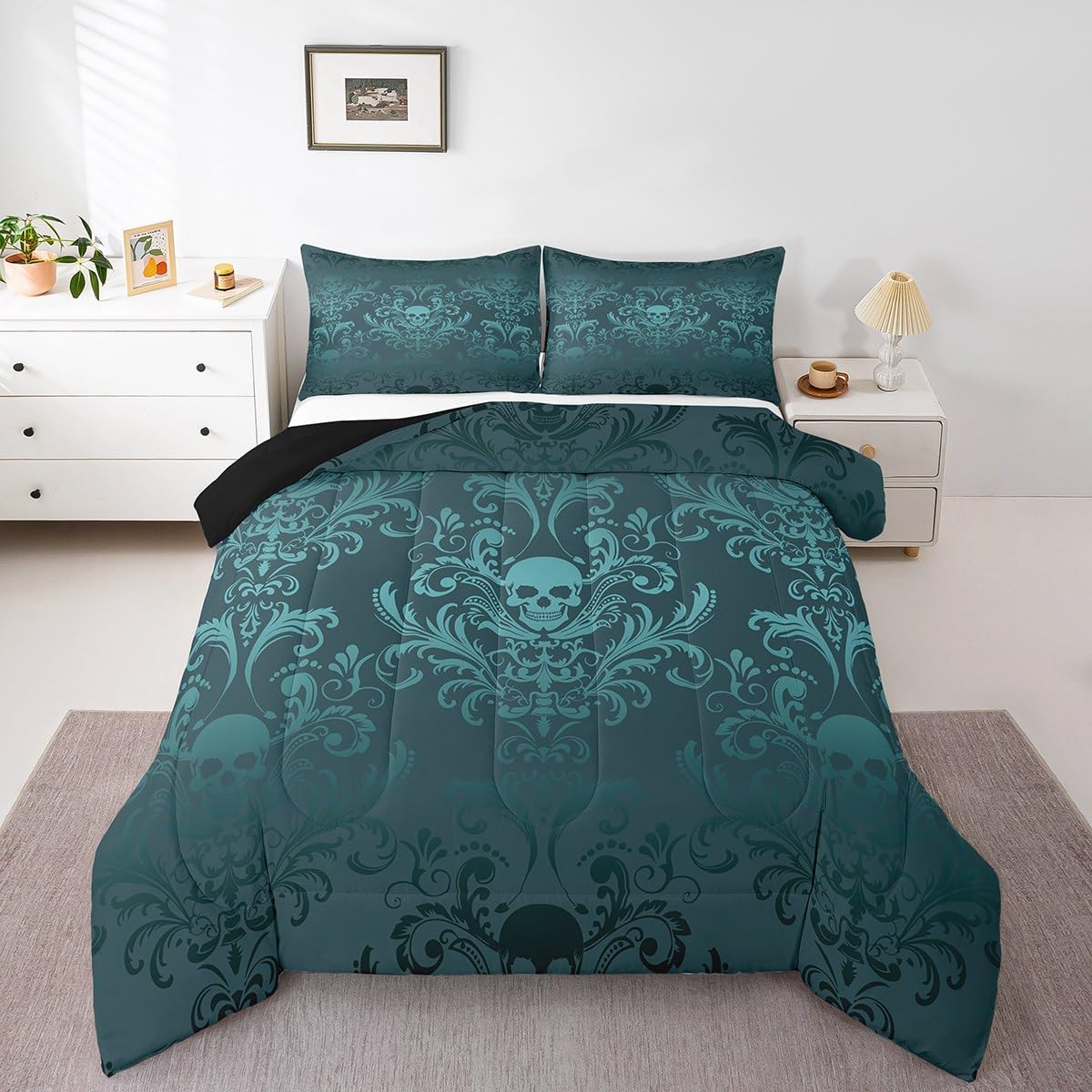 Adults Turquoise Damask Bedding Set Antique Victorian Baroque Comforter Set Queen Size,Gothic Vintage Floral Quilt Exotic Sugar Skull Duvet Insert,Gothic Bone Skeleton Bohemian Decor,Green