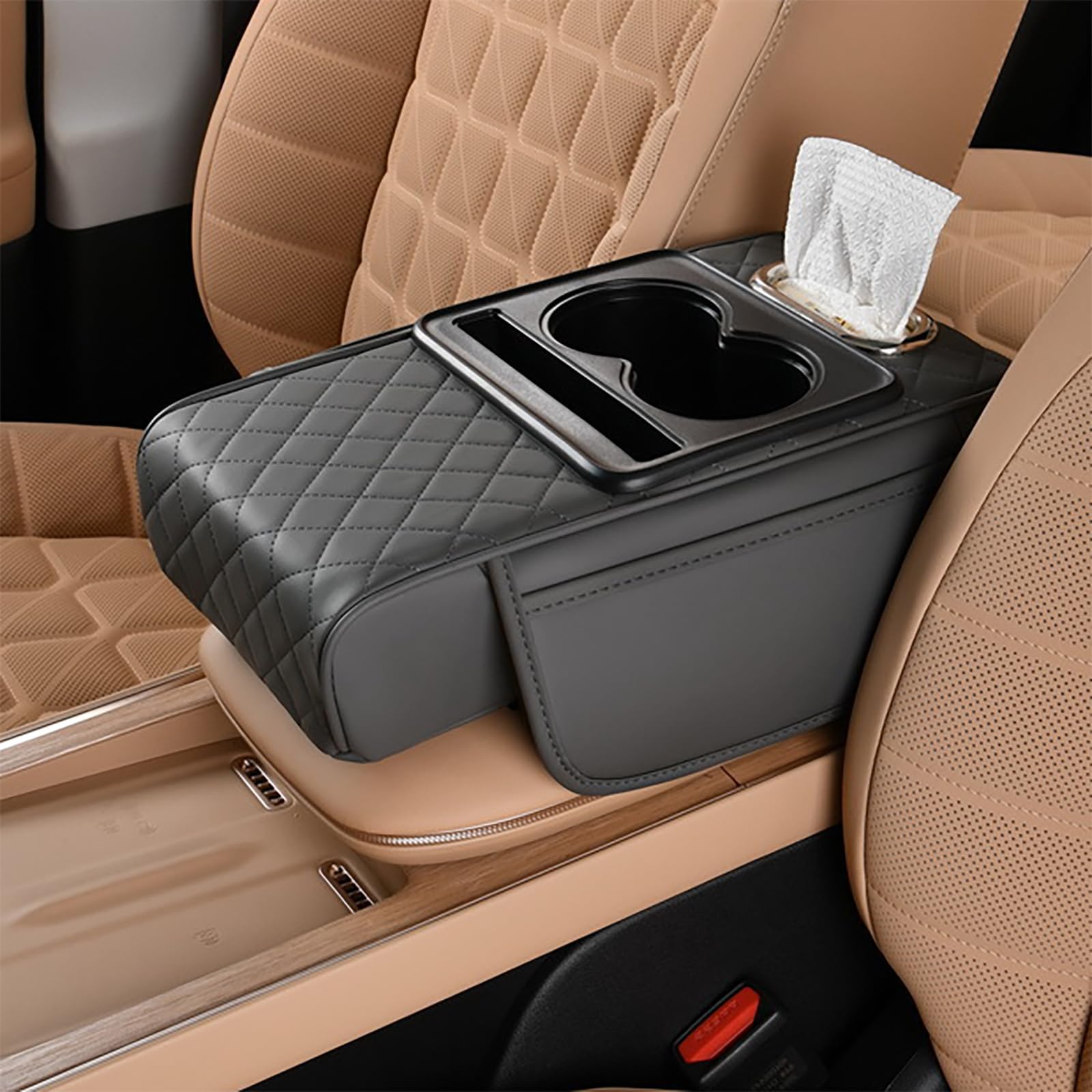 Car Center Console Cover for Toyota Hilux Double Cab 2001-2025, Microfiber Leather Armrest Cushion 5-in-1 Center Console Cover with 2 Storage Bags Cup Holder Tissue Box Interior Accessories