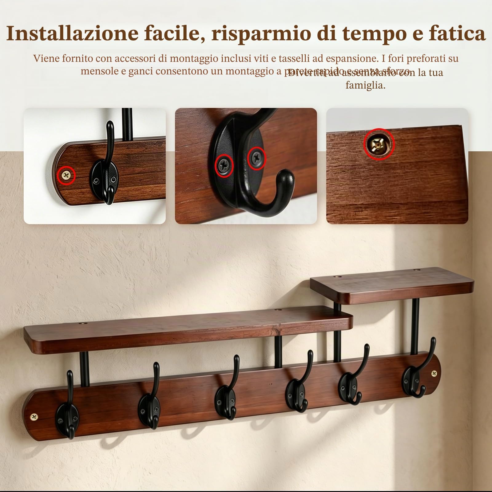 Ganci da parete in legno, attaccapanni da parete 59 * 18 cm con 6 ganci e ripiano, striscia attaccapanni in legno vintage, attaccapannis da parete per ingressi/guardaroba/camere da letto/bagno