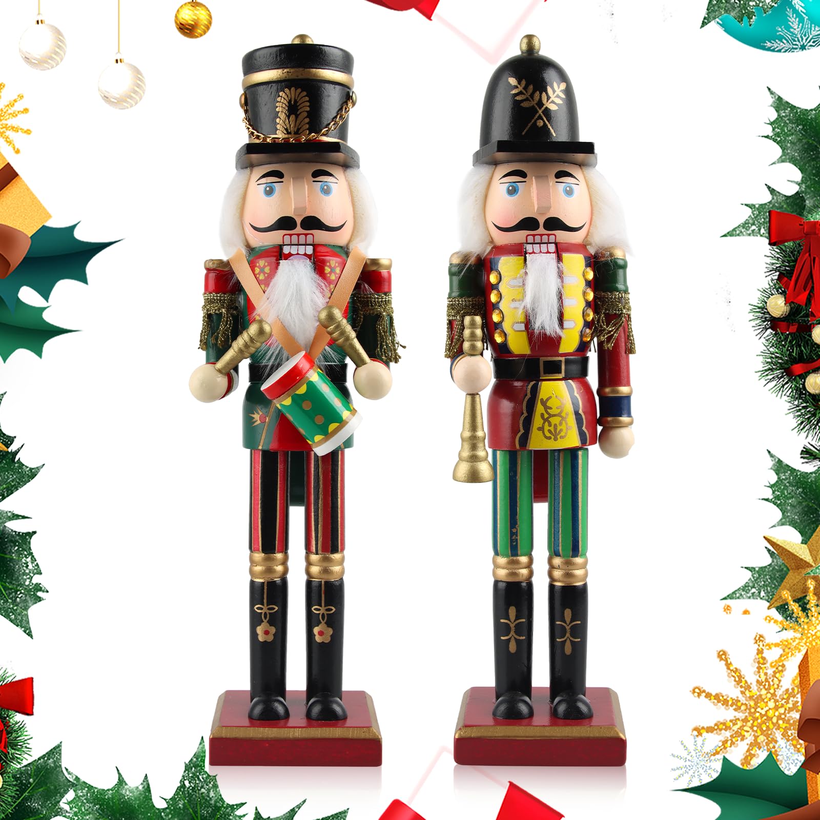 WDJLNZB Figura de cascanueces, 2 grandes figuras navideñas de madera, diseño de soldado en estilo de los Montes Metálicos, pintado a mano, decoración navideña tradicional (A)