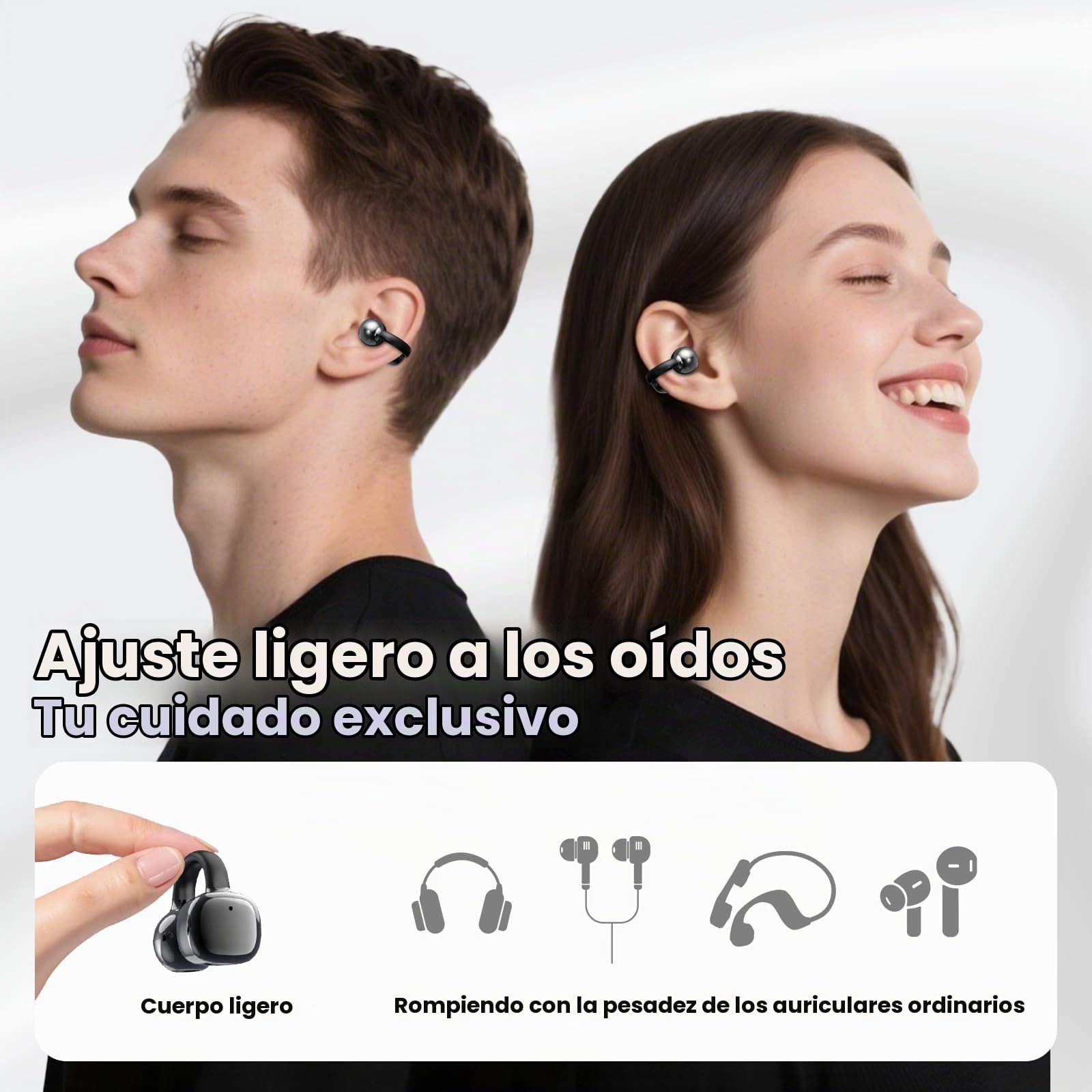 PTHTECHUS Auriculares Inalámbricos Bluetooth 5.4, Audifonos Deportivos Abiertos Clip, Traducción de Idiomas, 50H Reproducción con ENC, Pantalla Táctil Auriculares de oído Abierto (Negro)
