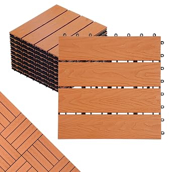 Polymer Interlocking Composite Deck Tiles Outdoor9Pcs,Natural | 12x12" Thick Composite Patio Floor Tiles Decking Boards for All Weather Use,Waterproof, Poolside,Balcony,Patio,9 sqft