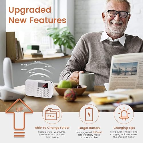 Vista 16 de PRUNUS Mini radio portátil AM FM Radio de bolsillo con MP3, linterna LED, radios digitales soporte de altavoz micro tarjeta SD/TF/USB, ahorro