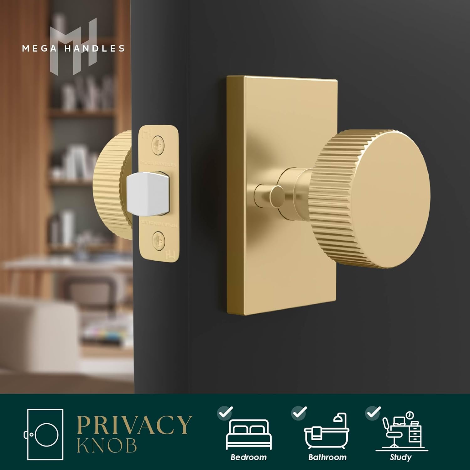 Mega Handles Ribba Privacy Door Handle - 1 Pack Interior Reversible Gold Door Handle, Heavy Duty Bed & Bath Door Handles with Privacy Door Lock, Fits All Standard Doors - Satin Brass