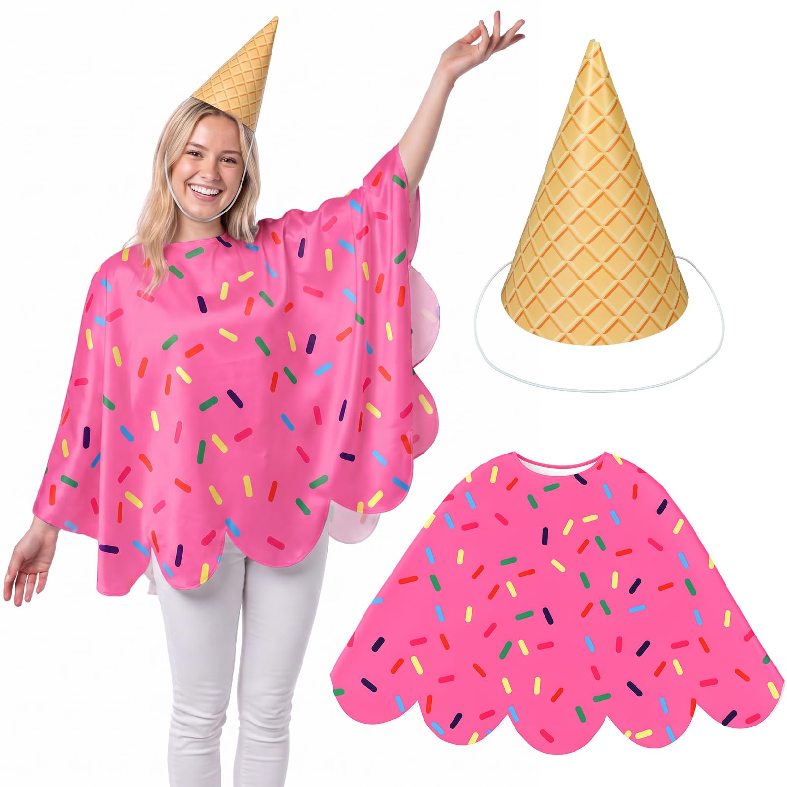Hercicy 2 Pcs Ice Cream Costume Set Cape Cone Hat for Halloween Pink