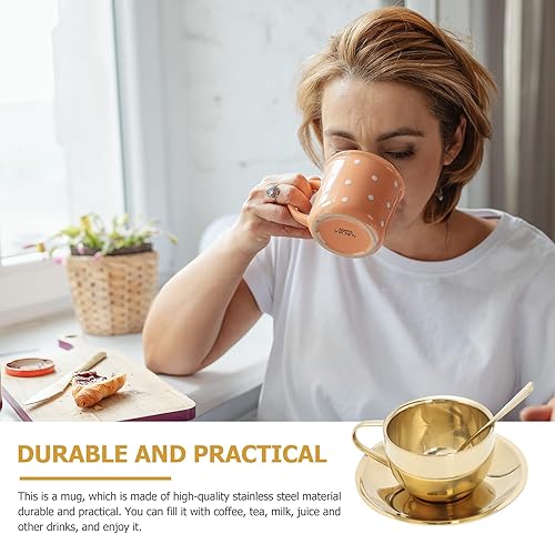 Miniatura 3 de Artibetter Tazas de café de acero inoxidable con cuchara, juego de tazas de café de acero inoxidable dorado, taza de café de capuchino y cuchara,