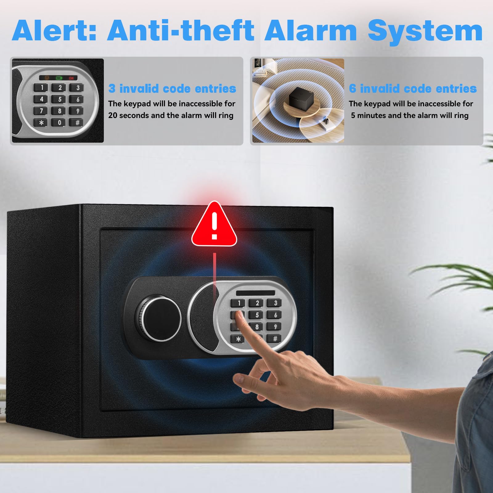 Caja de seguridad pequeña de 1.8 pies cúbicos con bolsa impermeable ignífuga, cajas fuertes para documentos del hogar, caja de seguridad antirrobo con teclado digital, sistema de alerta 8
