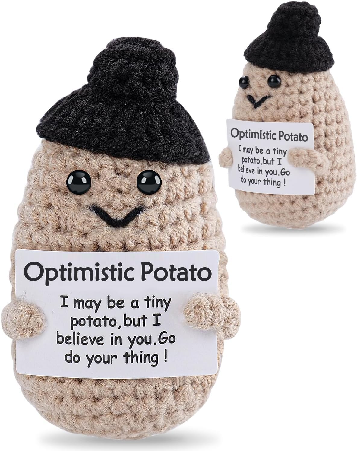 JELUTAR Mini Funny Optimistic Potato, 3 inch Knitted Doll with Card for Cheer Up Gifts and Party Decorations, Cute Optimistic Potato Crochet Doll for Birthday Gifts (Potato with Rainbow Bow)