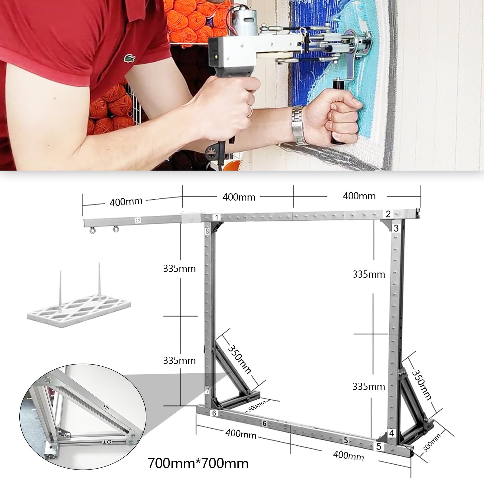 Tufting Gun Set mit Aluminium Legierungsrahmen 27,5x27,5 Zoll und Teppichschneider für Schnittflor und Schlingenflor 40 Rollen Garn