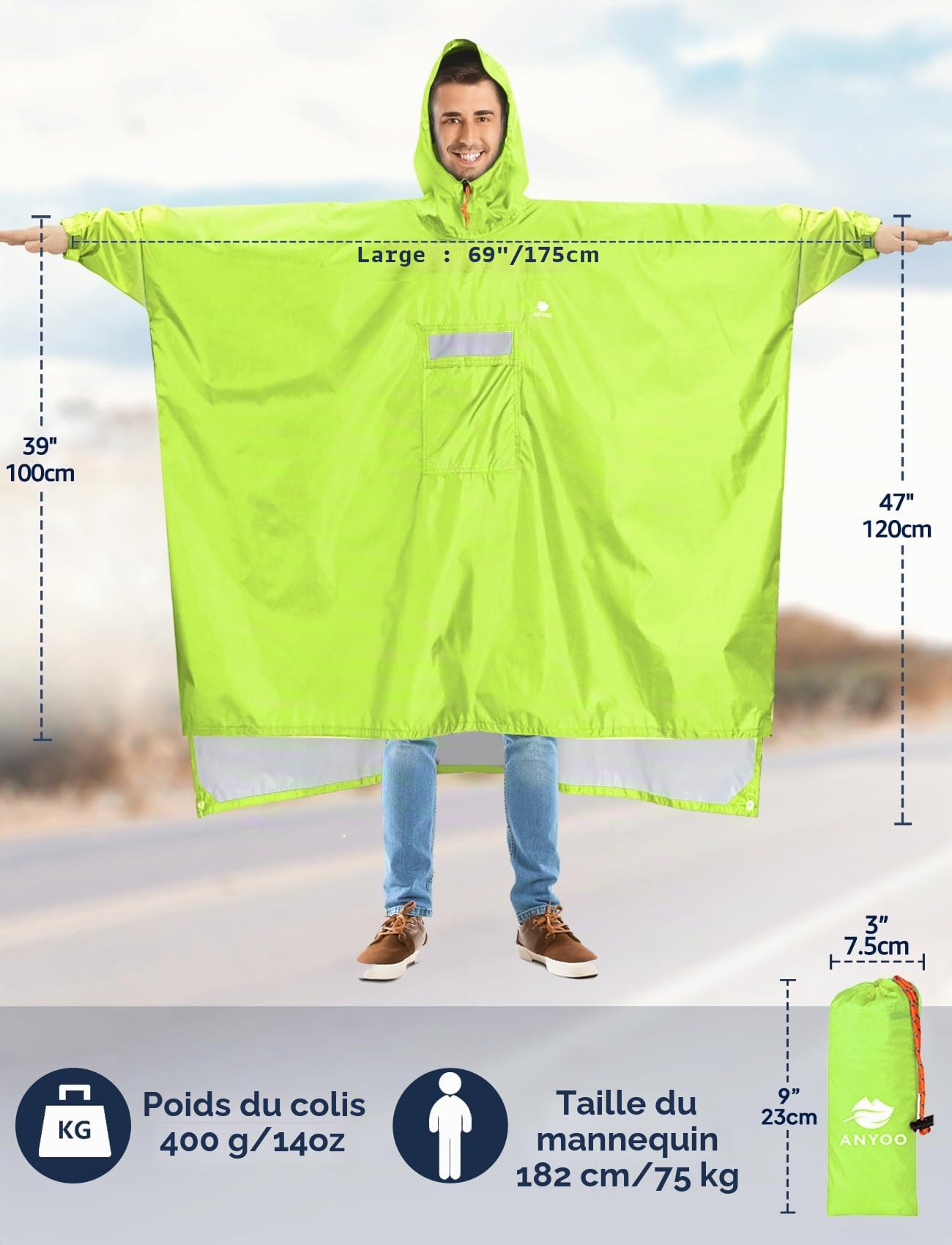ANYOO Poncho léger, imperméable, réutilisable et Respirant avec Capuche, idéal pour l'extérieur,Taille Unique