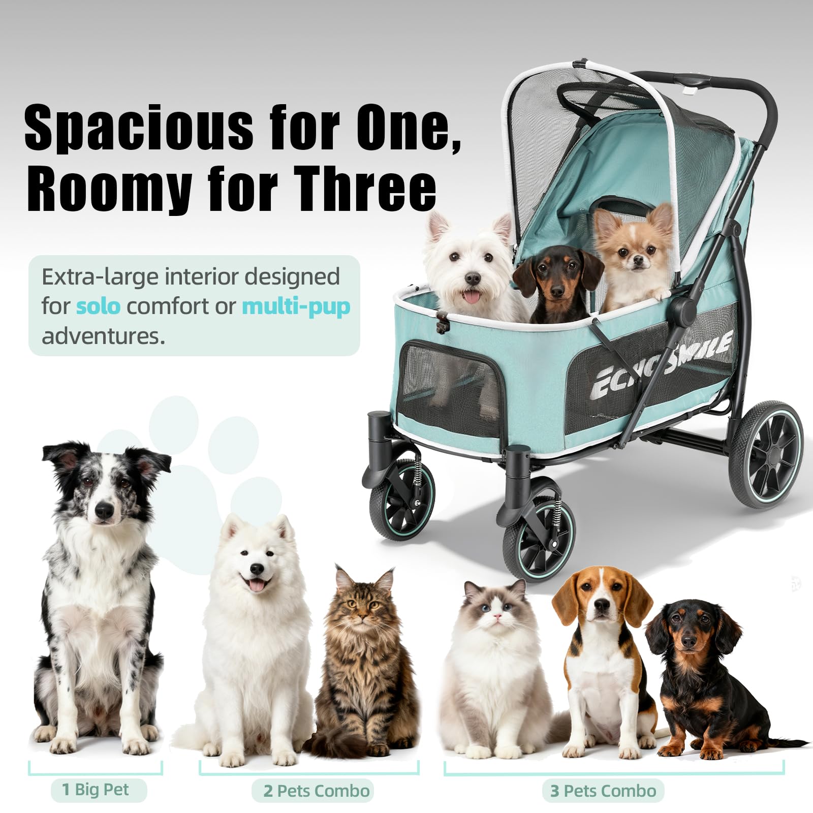 EchoSmile Cochecito para perros grandes de hasta 70 kg, plegable con ventana de red, asa ajustable y 4 ruedas todoterreno (verde + gris)