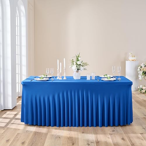 Miniatura 5 de Mantel de elastano de 6 pies para mesas plegables estándar, paquete de 3 manteles de color azul rey para fiestas, bodas, cócteles, banquetes,
