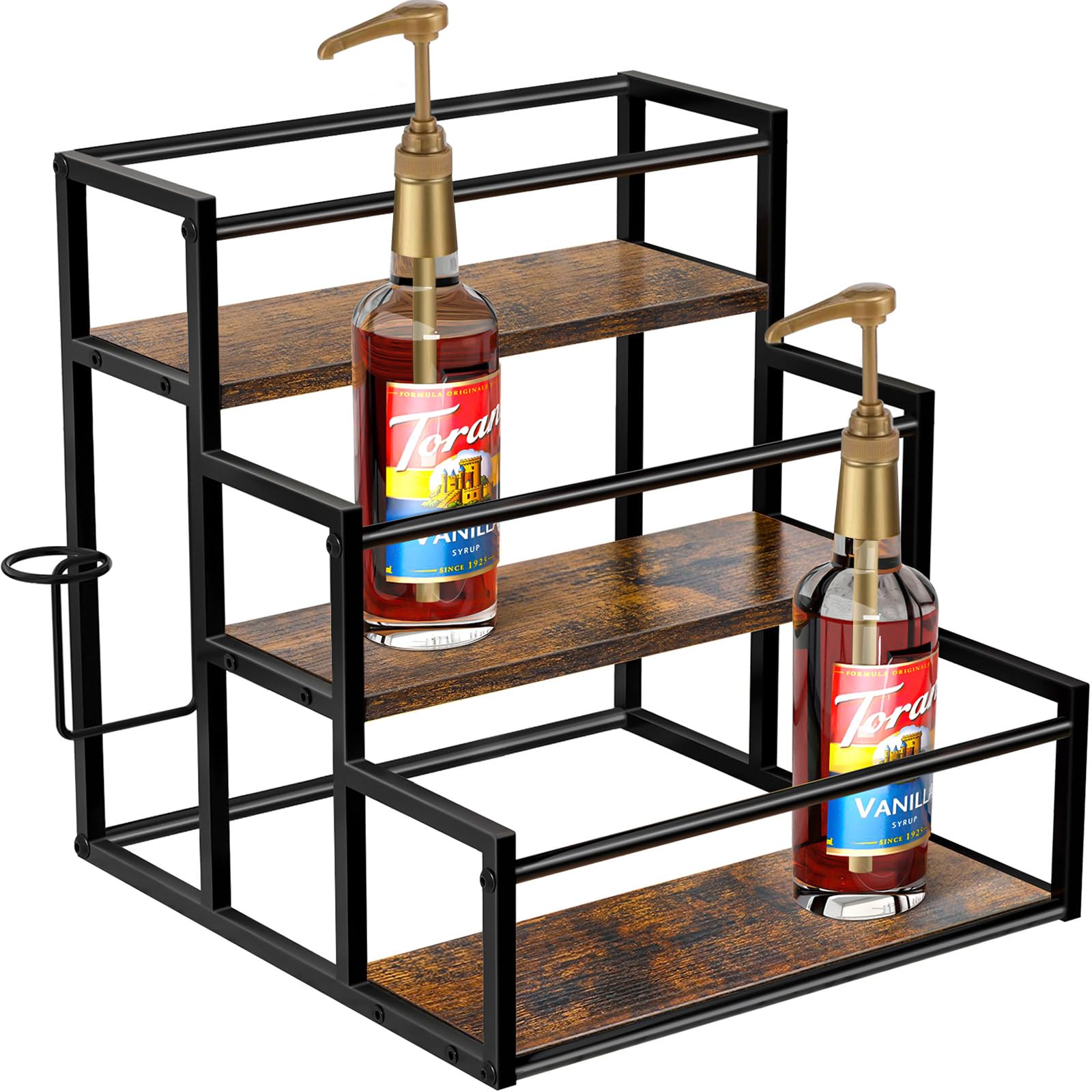 Homedawn Coffee Syrup Rack Organizer, Syrup Bottle Holder Stand for Coffee Bar, 3-Tier 12 Bottles Storage Shelves for Syrup, Wine, Dressing for Kitchen Countertop, Rustic Brown & Black