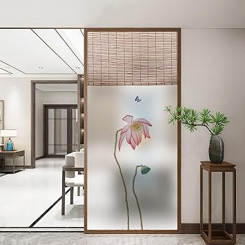 Vintage Bamboo Textured Decorative Window Film Privacy Blackout Self Adhesive Vinyl Films Elegant Floral Patterned Static Glass Sticker,Frosted Opaque Heat Blocking Window Film,A,30x60cm