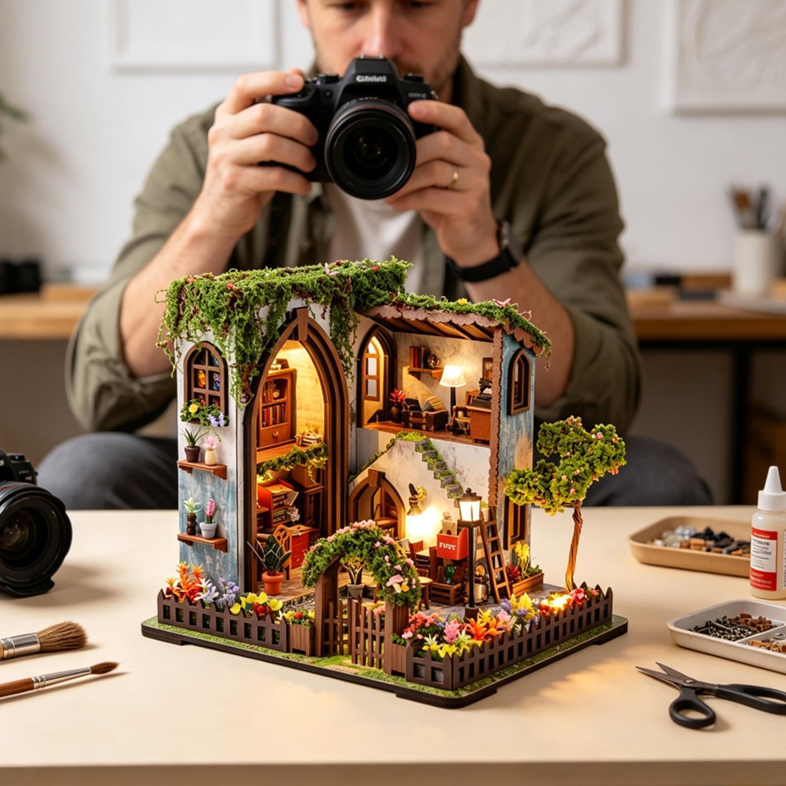 Casa in miniatura, in legno, 3D, dettagliata, luce calda, modello per