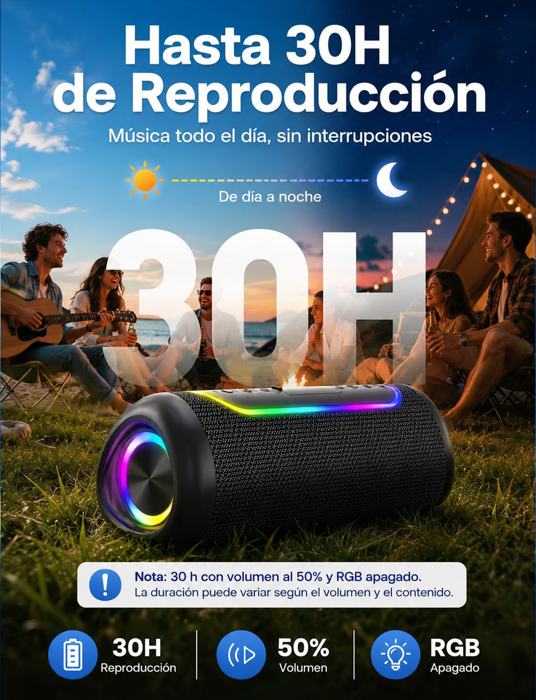 UOHHBOE Altavoz Bluetooth Portátil 30W, Sonido 360° y Graves Potentes | Bluetooth 5.4, Batería Hasta 30H, IPX5 Resistente al Agua, TWS Estéreo y Luces RGB para Fiestas, Playa y Camping