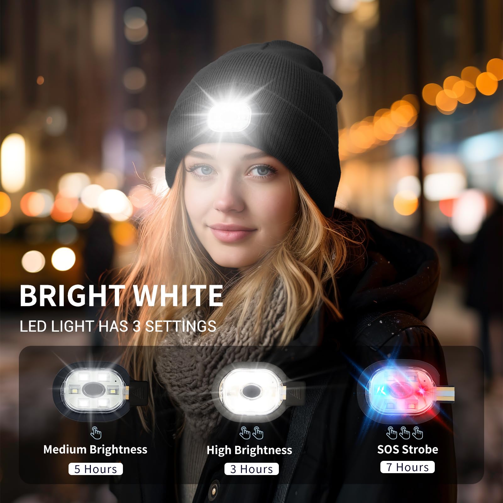 Beanie Hat Built-in Light Rechargeable LED Cap Soft Acrylic Knitted Winter Hat for Men Women Gift, Black, Medium