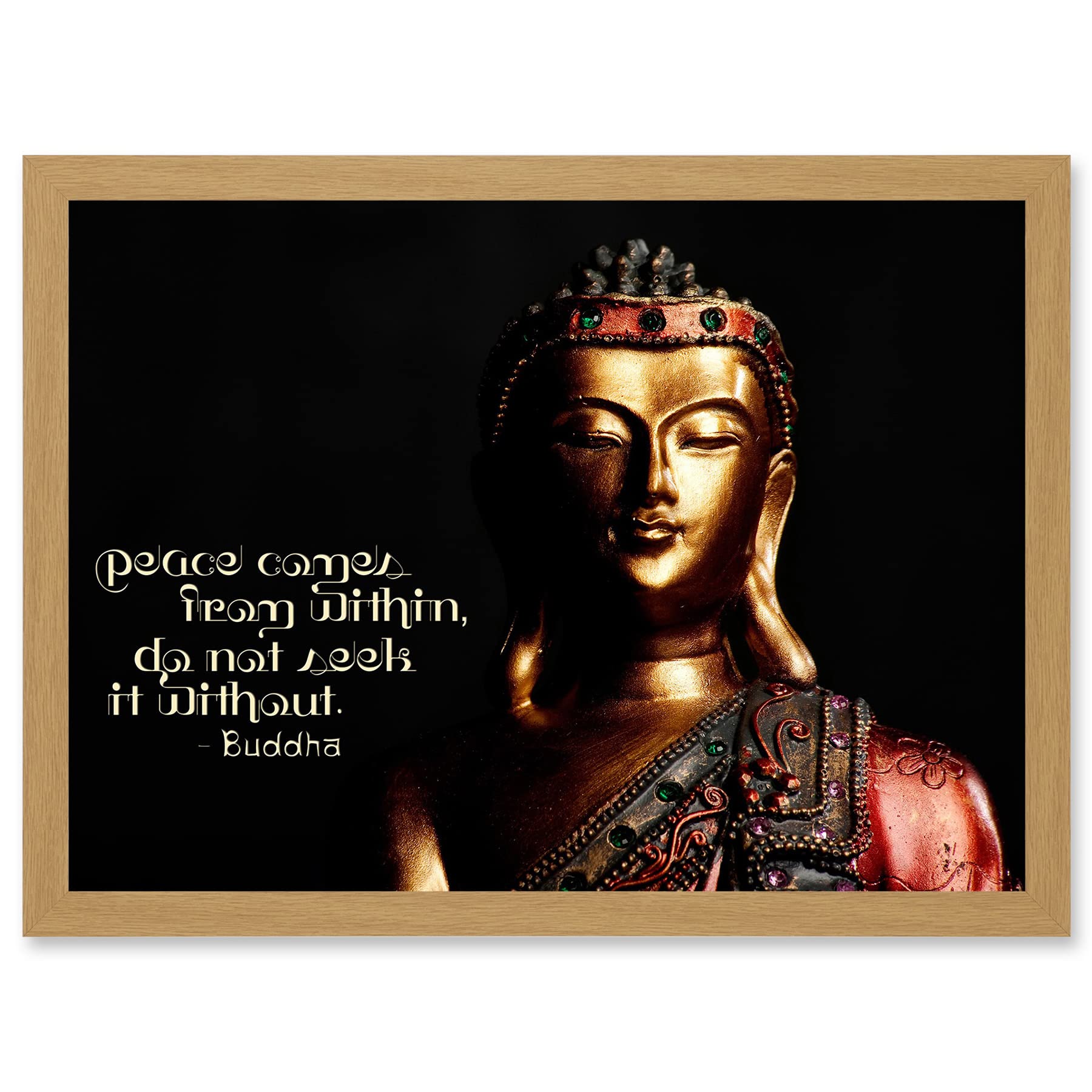 Artery8 Peace Comes From Within Buddha Statue Uplifting Quote Artwork Framed Wall Art Print A4