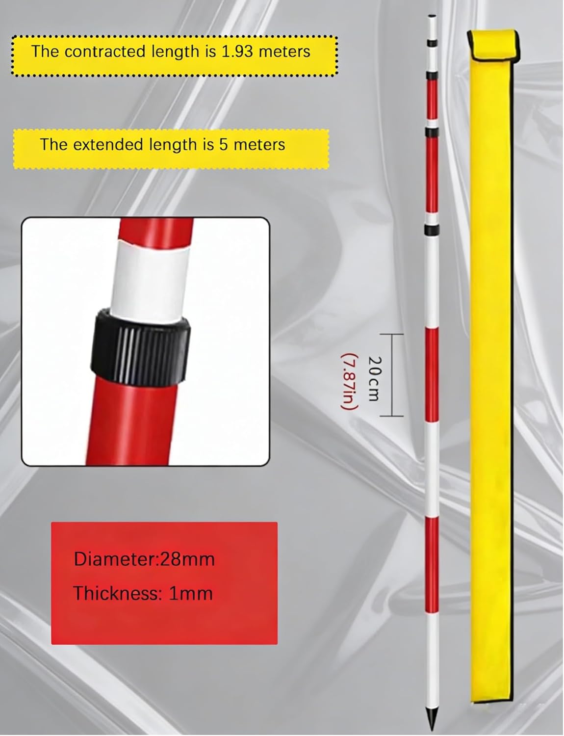 Telescopic Survey Prism Rod Set with Storage Bag, 500cm Total Station Measurement Pole for Railway & Dam Surveying Equipment,500cm