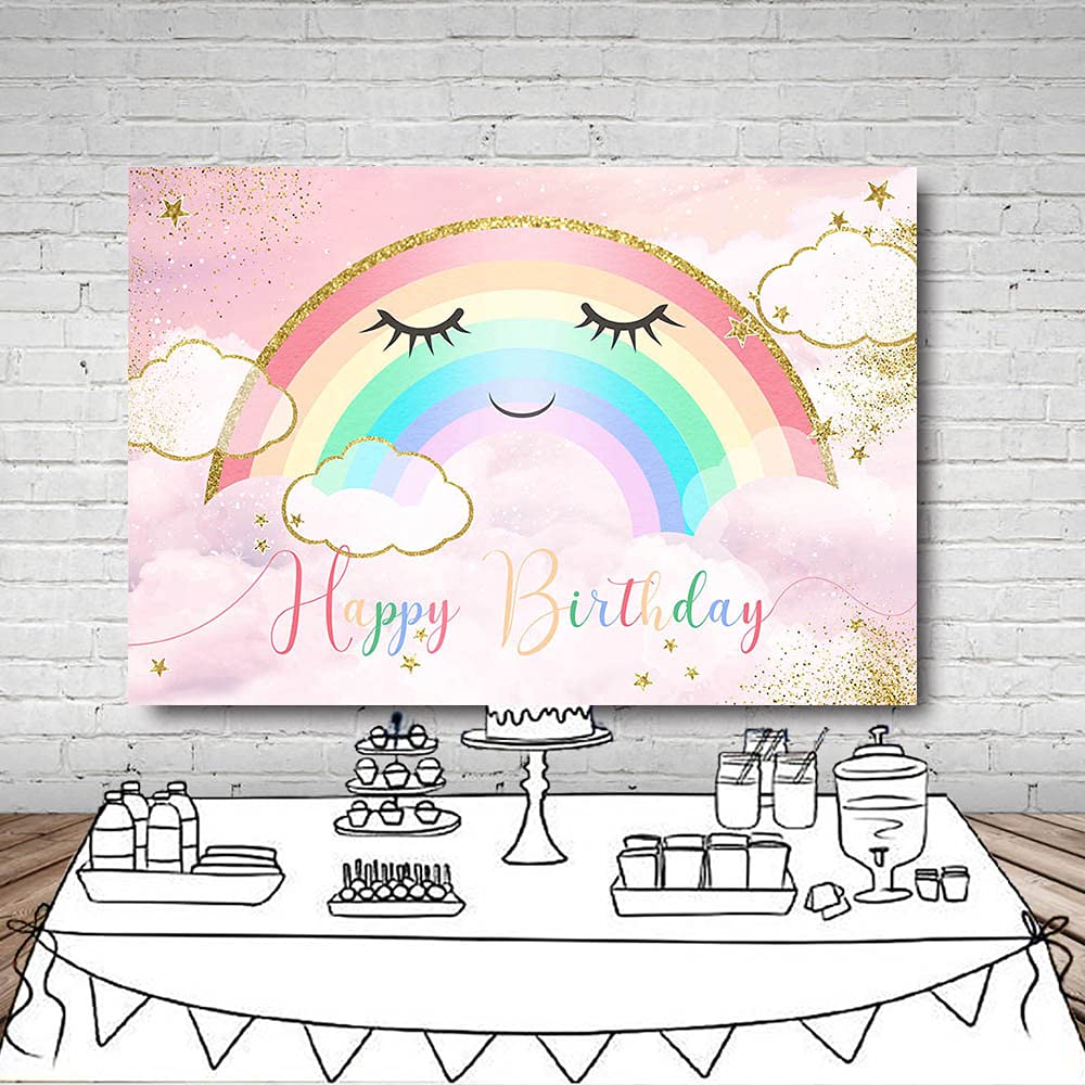 MEHOFOND Toile De Fond Arc-en-Ciel Nuage Coloré 2,1x1,5m – Parfait Pour Anniversaire Enfant, Photobooth Fille, Décoration Fête Avec Points Dorés Magiques