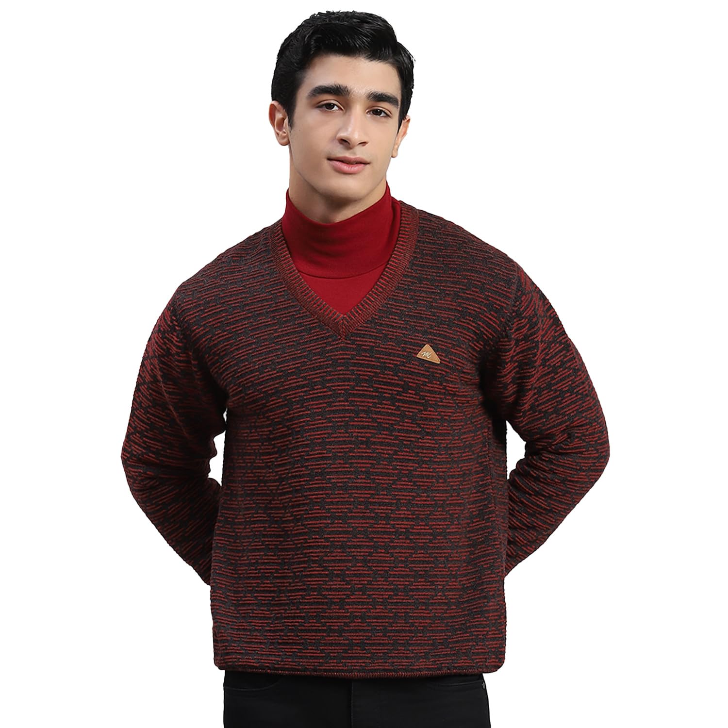 Maroon Self Design V Neck Sweater | Warm Woolen Pullover for Men | Soft Comfortable Knitted Winter Wear Sweater for Men's-image-47