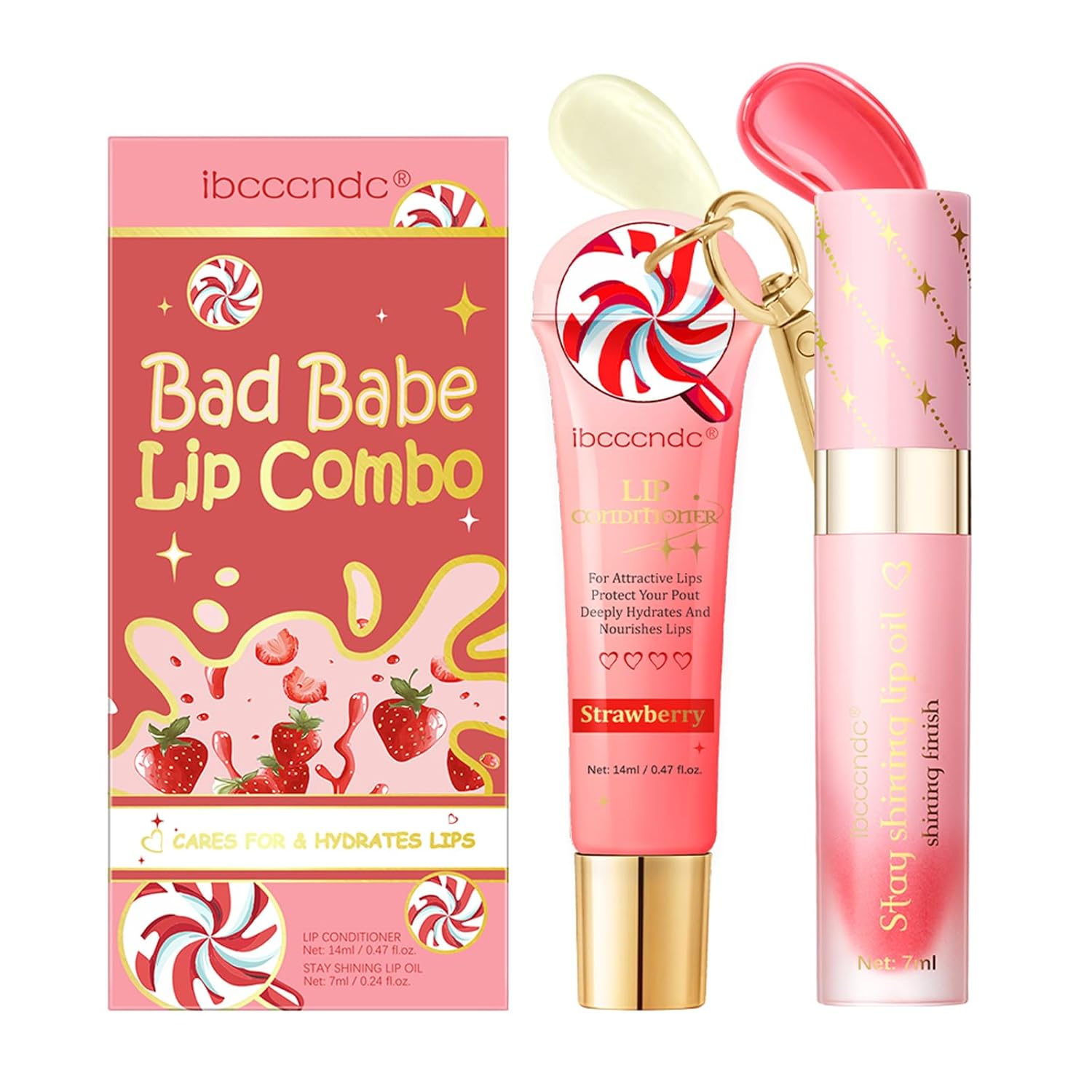 2 Pcs Bad Babe Lip Combo Set – Lip Conditioner & Stay Shining Lip Oil Duo | Deep Hydration, Plumping Shine & Long-Lasting Moisture | Smooth, Non-Sticky Gloss Finish for Juicy Lips (Strawberry)