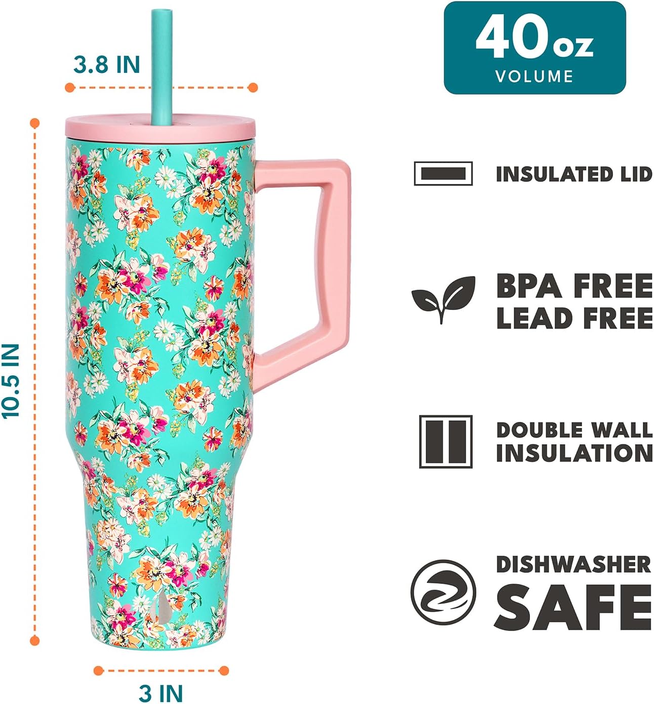 Elemental 40 oz Tumbler with Handle and Straw - Spill Proof Insulated Stainless Steel Commuter for Hot and Cold Beverages - Travel Coffee Mug with 2 Straws & Spill Proof Lid - 40oz - Vintage Flower - Image 2