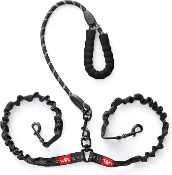 Double Dog Leash, 360 Swivel, No Tangle, Two Dogs, Split Leash, Reflective and Shock-Absorbing Bungee, Padded Handle, Heavy-Duty Rope, Dogs Between 20-175 lbs