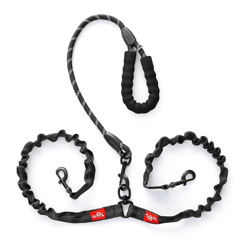 Guia Dupla para Cães WIGZI com Giro 360°, Bungee Refletivo e Alça Acolchoada, Preta