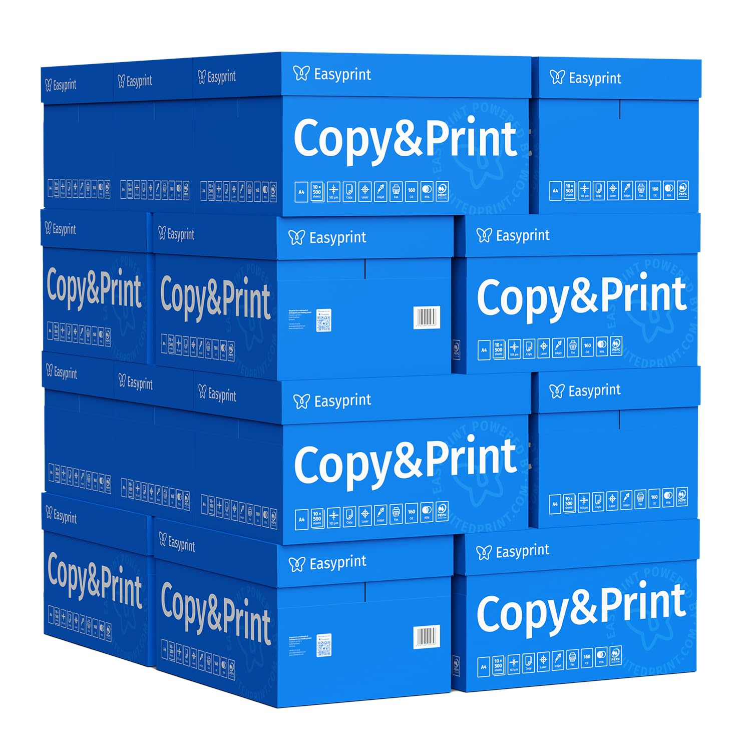 Easyprint Papel multiusos para impresora, Folios A4, 100.000 Hojas, 20 Paquetes de 5.000, Color blanco brillante CIE 160, PEFC