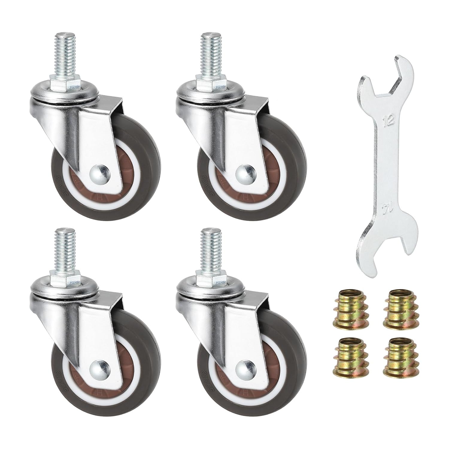PATIKIL 2 Inch Swivel Caster Wheels, 4Pcs M10x20mm Threaded Stem Casters Load Capacity 264 Lbs with Tool Set for Furniture Trolley Cart, Brown