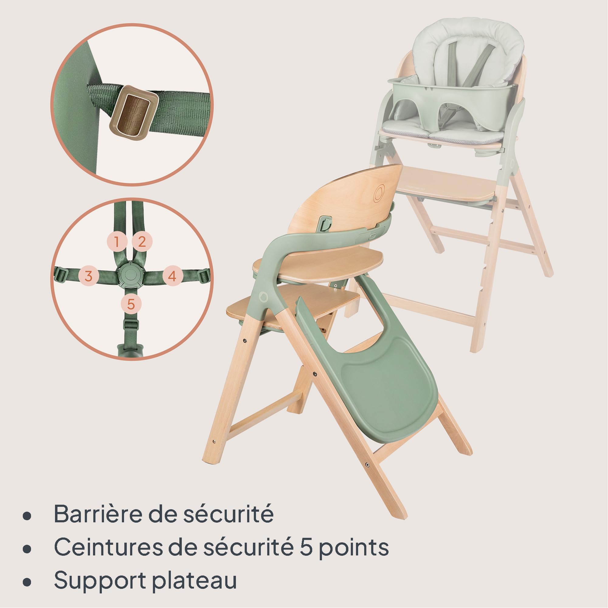 LIONELO Megan – Trona evolutiva de madera para bebé, crece con el niño desde 6 meses hasta 110 kg, reposapiés regulable, arnés 5 puntos, cojín lavable, fácil de limpiar
