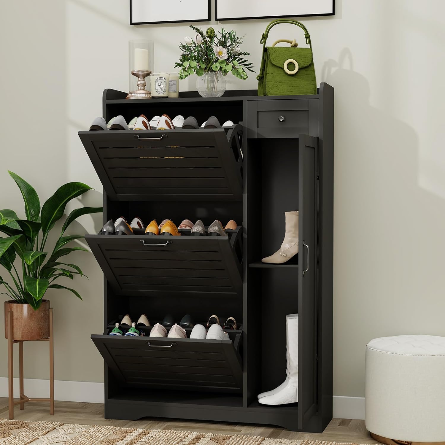 Shoe Storage Cabinet with 3 Flip Drawers, Shoe Cabinet Storage for Entryway, Wooden Shoe Cabinet with Drawer & Adjustable Shelves, Slim Shoe Organizer for Entryway, Hallway, Bedroom, Black