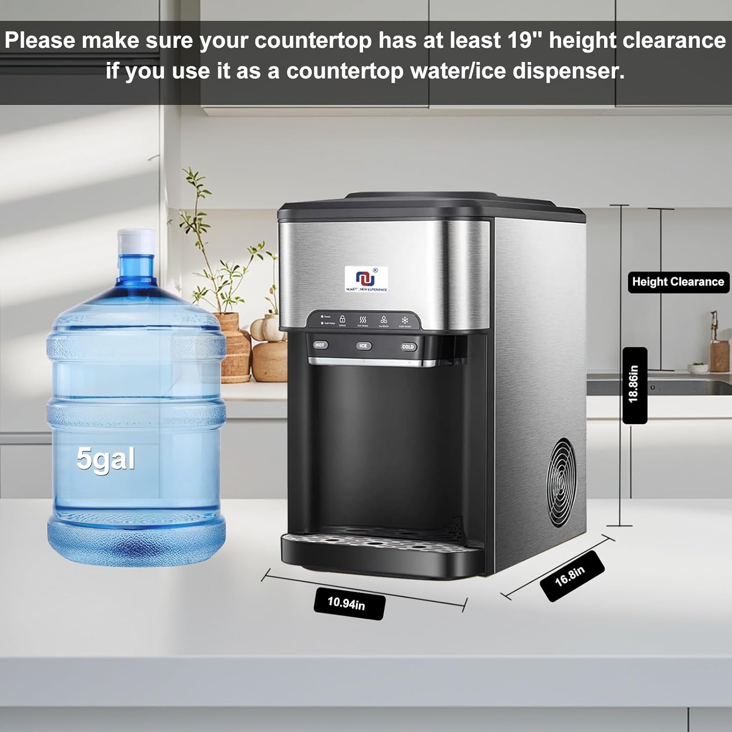 NUNET Ice Maker Water Dispenser with 19 inch height clearance requirement