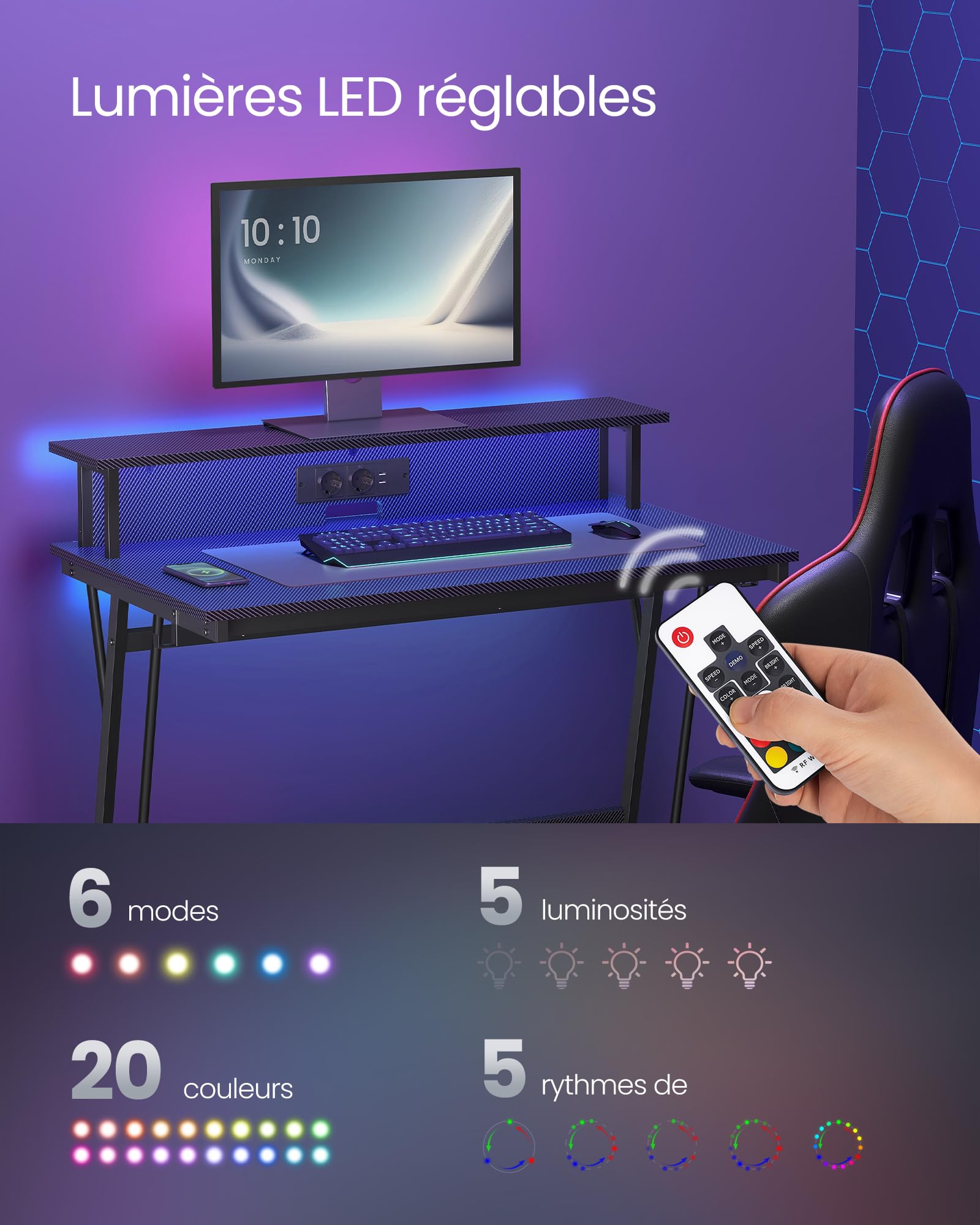 VASAGLE Bureau Gaming avec LED et Multiprise, Table Gamer, Bureau Informatique avec Rehausseur d’Écran, pour 2 Ordinateurs, pour Chambre, 60 x 100 x 76 cm, Noir Carbone LWD191B02
