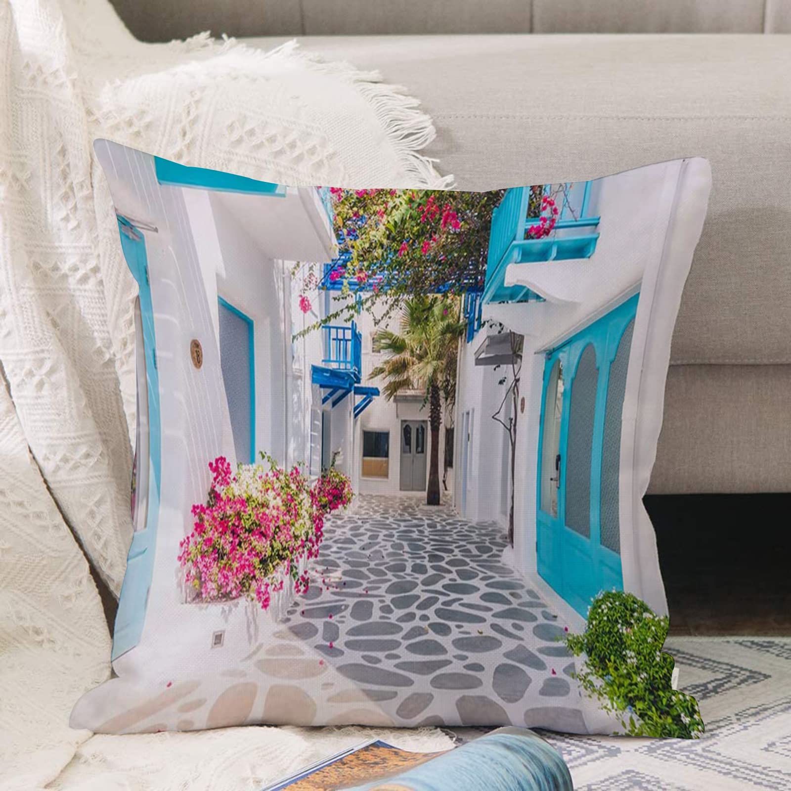 Cushion Covers 18x18 Inch,Beautiful Architecture Building Exterior with Santorini and Greece Style - Vintage Light ,Throw Pillow Cover Soft Pillowcases with Invisible Zipper for Sofa and Couch 45x45cm