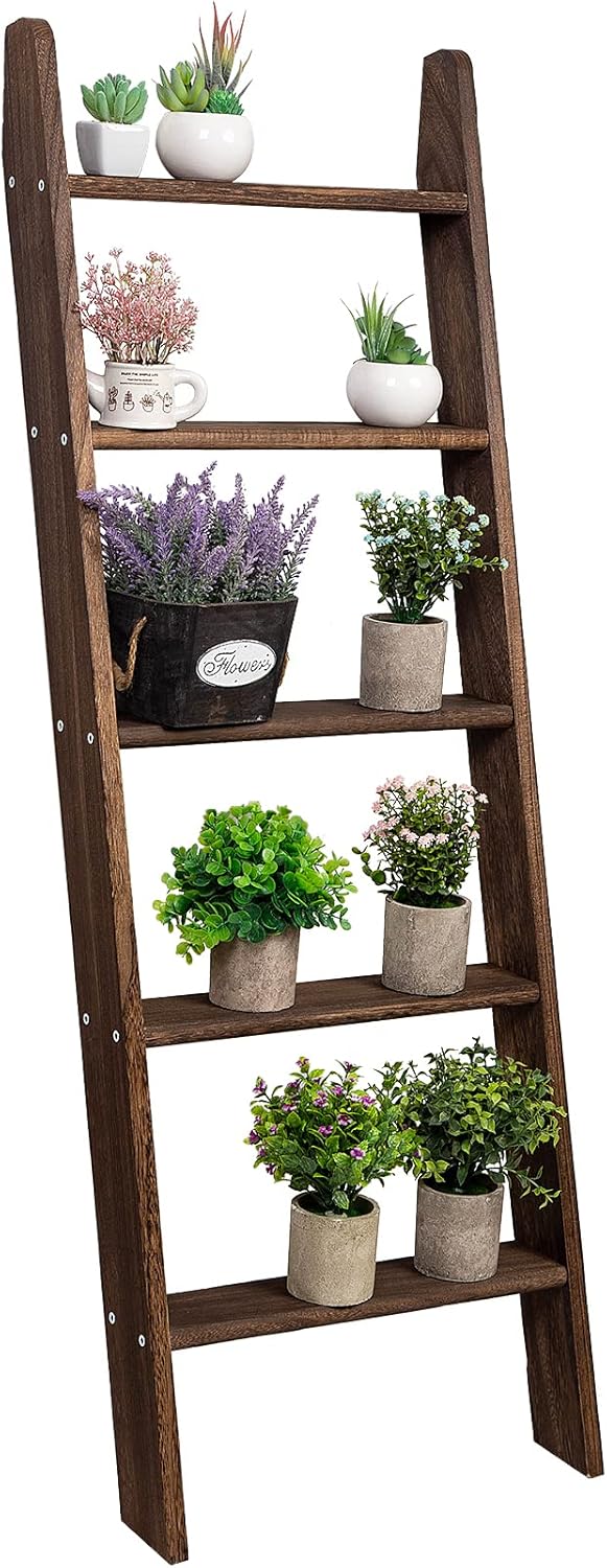 Rustic 5-Tier Wall-Leaning Wood Loadder Towel Racks for Bathroom Livingroom Kithen Office Woden Farmhouse Ladder-Style Blanket Rack Multipurpose Organizer Rack for Home (Brown)