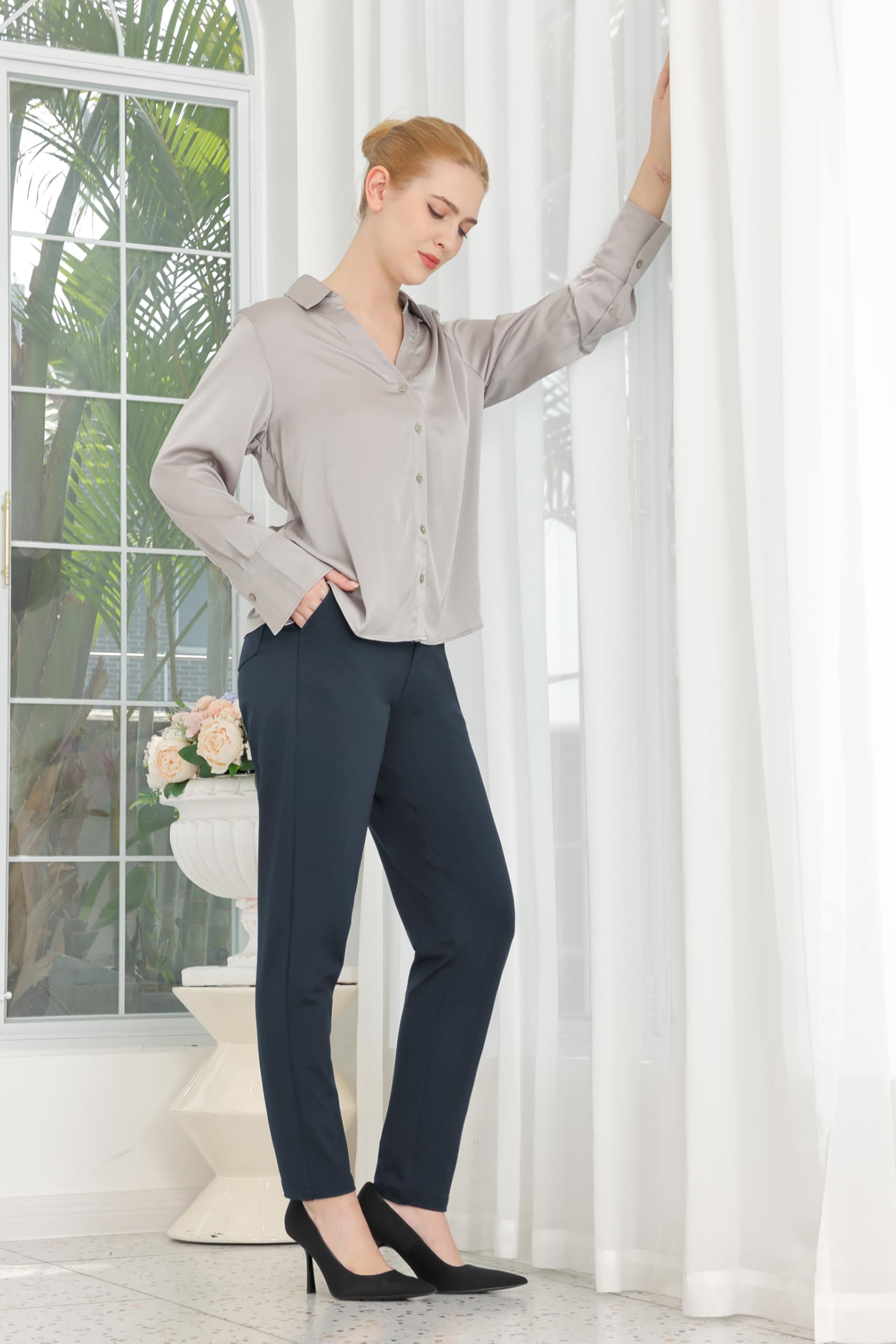 Bamans Pantalones de vestir para mujer, pantalones de trabajo, oficina, negocios, casual, elásticos, de cintura alta, con bolsillos